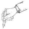 Male hand holds a pen. Vector illustration hand of a businessman holds a pen. Hand drawn male hand in a suit holds a pen