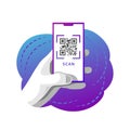Male hand holds a phone with QR code scan screen. Vector isolated sticker with QR code payment on smartphone. Royalty Free Stock Photo