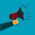 Male hand holds red megaphone loudspeaker icon. Announcement, advertisement, broadcast or warning. Attention. Don't pass Royalty Free Stock Photo