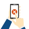 A male hand holds a smartphone in his hand, on the screen a sign cancel, exit, error, red x icon, reject symbol. Flat vector Royalty Free Stock Photo