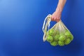 Male hand holds a string bag with green apples Royalty Free Stock Photo