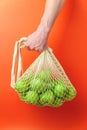 Male hand holds a string bag with green apples Royalty Free Stock Photo