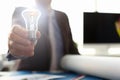 Male hand with illuminated lightbulb Royalty Free Stock Photo