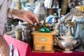 Male hand looking for old objets at a retro - vintage street market in Split, Croatia Royalty Free Stock Photo