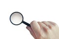 Male hand with a magnifying glass isolated on a white background. Cutout loupe in man`s hand. Man uses magnifier to Royalty Free Stock Photo