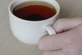 Male hand and a mug with tea on a beige surface