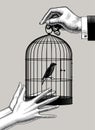 Male hand passes the bird cage into female hands