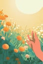 a male hand picking flowers from a beautiful garden, close up, minimalist, sunlight, vivid colors, illustration