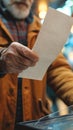 Male hand placing ballot into voting box at polling station. Elderly man voting. Voter. Concept of democracy, election Royalty Free Stock Photo