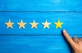 The male hand points to the fifth yellow star on a blue wooden background. Five Stars. Rating of restaurant or hotel, application.