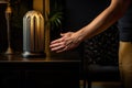 male hand positioning an art deco lamp on a side table