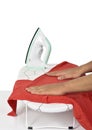 Male hand prepare the clothes to ironed on ironing board
