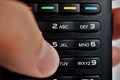 Male hand pressing numerical keyboard in the remote control as symbol of choice and home entertainment when watching television Royalty Free Stock Photo