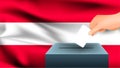Male hand puts down a white sheet of paper with a mark as a symbol of a ballot paper against the background of the Austria flag.