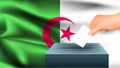 Male hand puts down a white sheet of paper with a mark as a symbol of a ballot paper against the background of the Algeria flag.