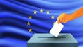 Male hand puts down a white sheet of paper with a mark as a symbol of a ballot paper against the background of the EU flag, the sy Royalty Free Stock Photo