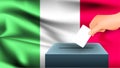 Male hand puts down a white sheet of paper with a mark as a symbol of a ballot paper against the background of the Italy flag.