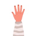 Male hand raised up, dorsal side. Men arm with neat fingers, nails, rising to vote. Human wrist with sweater cuff. Flat