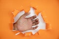 Male hand ripped orange paper on white background,space for your message on torn paper Royalty Free Stock Photo