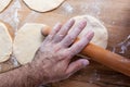 Male hand rolling fresh dough with rolling pin on floured table