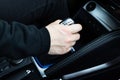 male hand shifts gears on the automatic transmission lever Royalty Free Stock Photo