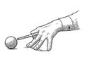 Male hand in a shirt is aimed cue the ball.