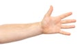 Male hand showing gesture holding something or someone isolate on white background. greeting, pulling hands