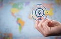 Male hand showing Gps concept on world map background. Location Royalty Free Stock Photo