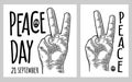 Male hand showing two fingers. Peace lettering. Vector black vintage engraving