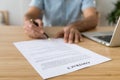 Male hand signing paper contract concept, close up view Royalty Free Stock Photo