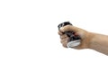 Male hand squeezes an empty aluminum can for recycling on a white background. Royalty Free Stock Photo