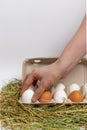 Male hand puts the egg out of the box of eggs. isolate Royalty Free Stock Photo