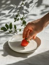 Male hand taking a ripe strawberry from a plate. Table outdoors on a sunny summer day. The last tasty berry. Generative AI