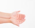 Male hand two palm up. handbreadth isolated on a white background. Front view. Mock up. Copy space. Template. Blank