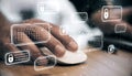 Male hand using computer mouse with cybersecurity hologram overlay Royalty Free Stock Photo