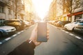 Male hand using smart phone on the street. Concept of technology and social network. Business man with watches, coat and take a ph Royalty Free Stock Photo