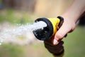 Male hand watering a green plant with water from the hose. Water Royalty Free Stock Photo