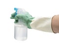 Male hand wearing rubber gloves on white background holding a spray bottle Royalty Free Stock Photo