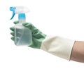 Male hand wearing rubber gloves on white background holding a spray bottle Royalty Free Stock Photo