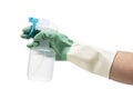 Male hand wearing rubber gloves on white background holding a spray bottle Royalty Free Stock Photo