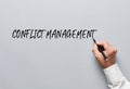 Male hand writing conflict management on gray background. Resolving conflict in business workplace