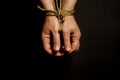 Male hands bound with rope.