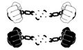 Male Hands Breaking Steel Handcuffs. Black And