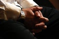 Male hands of a businessman in a castle on his knees. Waiting for a meeting, recruitment, recruiting, job seeker. Business concept Royalty Free Stock Photo