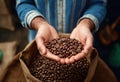 Male hands in close-up holding organic fresh roasted coffee beans over bag of coffee harvest. AI generation