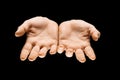 Male hands demonstrating a gesture of getting touch isolated on gray background