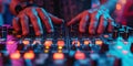 male hands of DJ man mixes music on a DJ console mixer at a nightclub