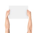 Male hands empty white blank board