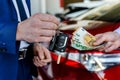 Male hands exchanging with euro and car keys Royalty Free Stock Photo