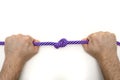 Male hands firmly hold a rope with a knot on a white background close-up